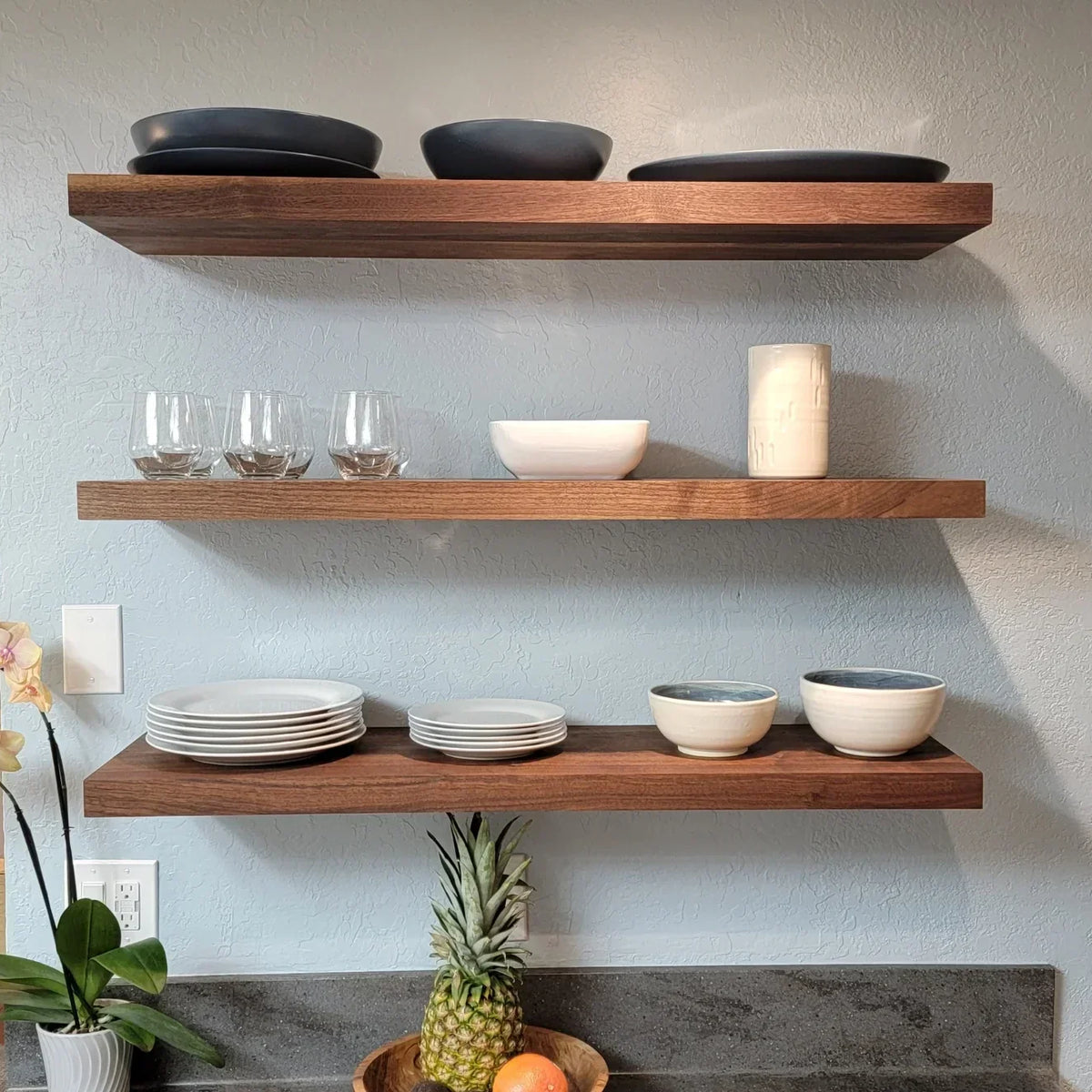 Walnut floating shelves deals kitchen
