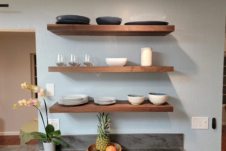 walnut kitchen floating shelves
