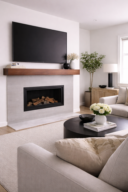 Walnut Mantel below tv