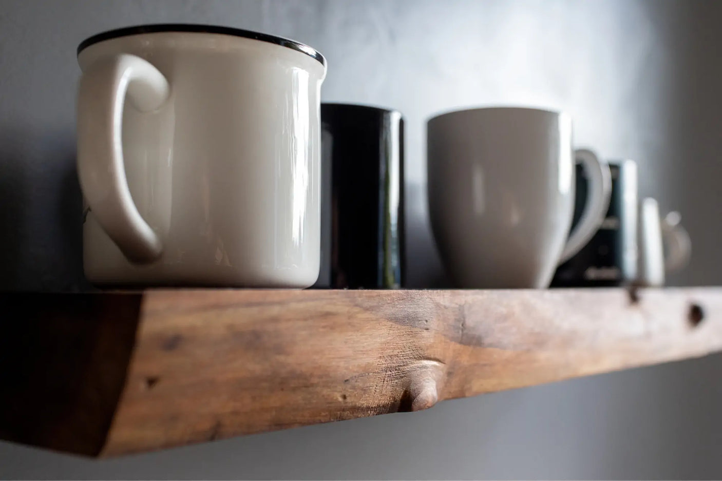 live edge walnut floating shelf with mugs