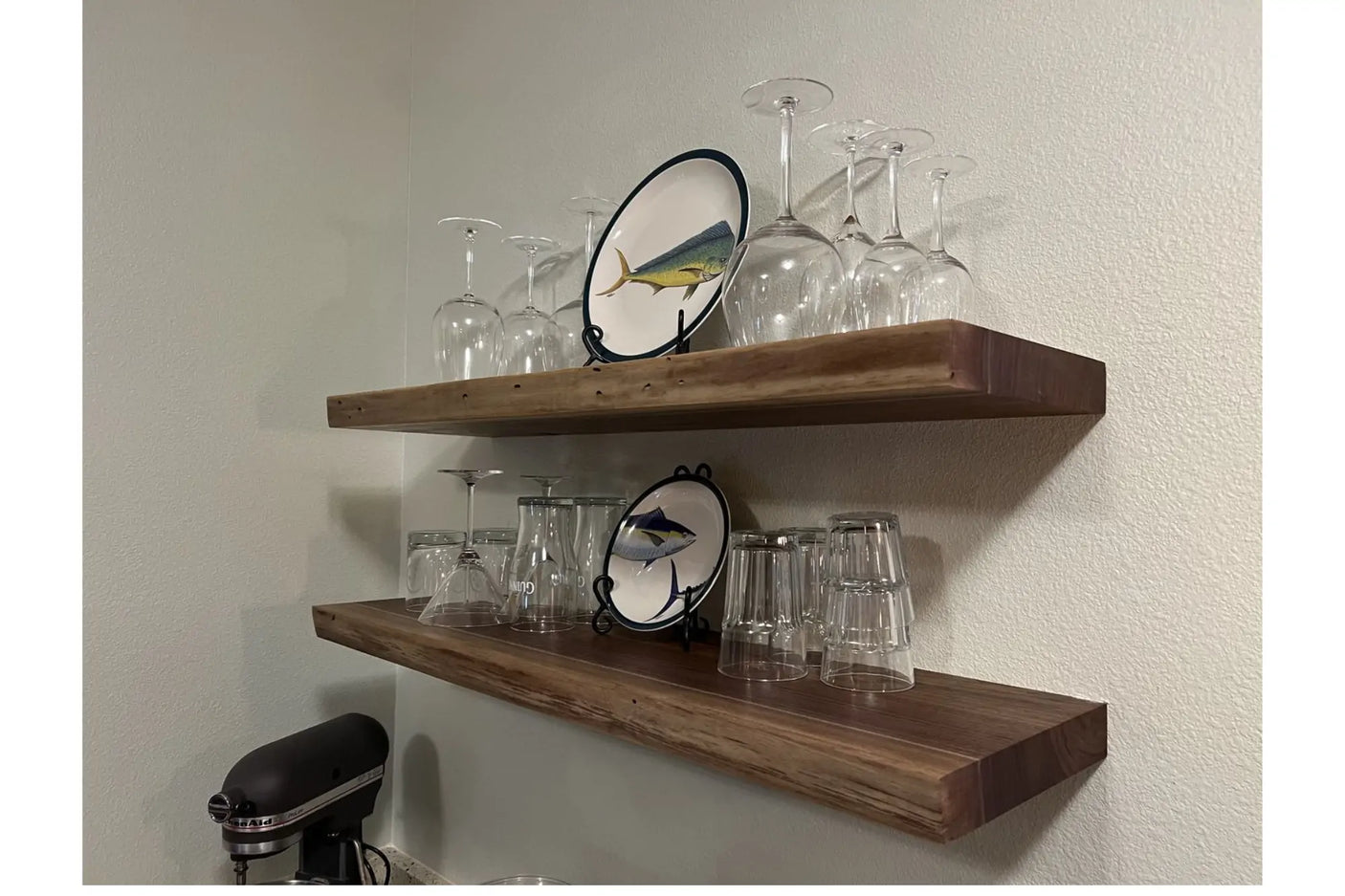 live edge walnut floating shelf with mugs