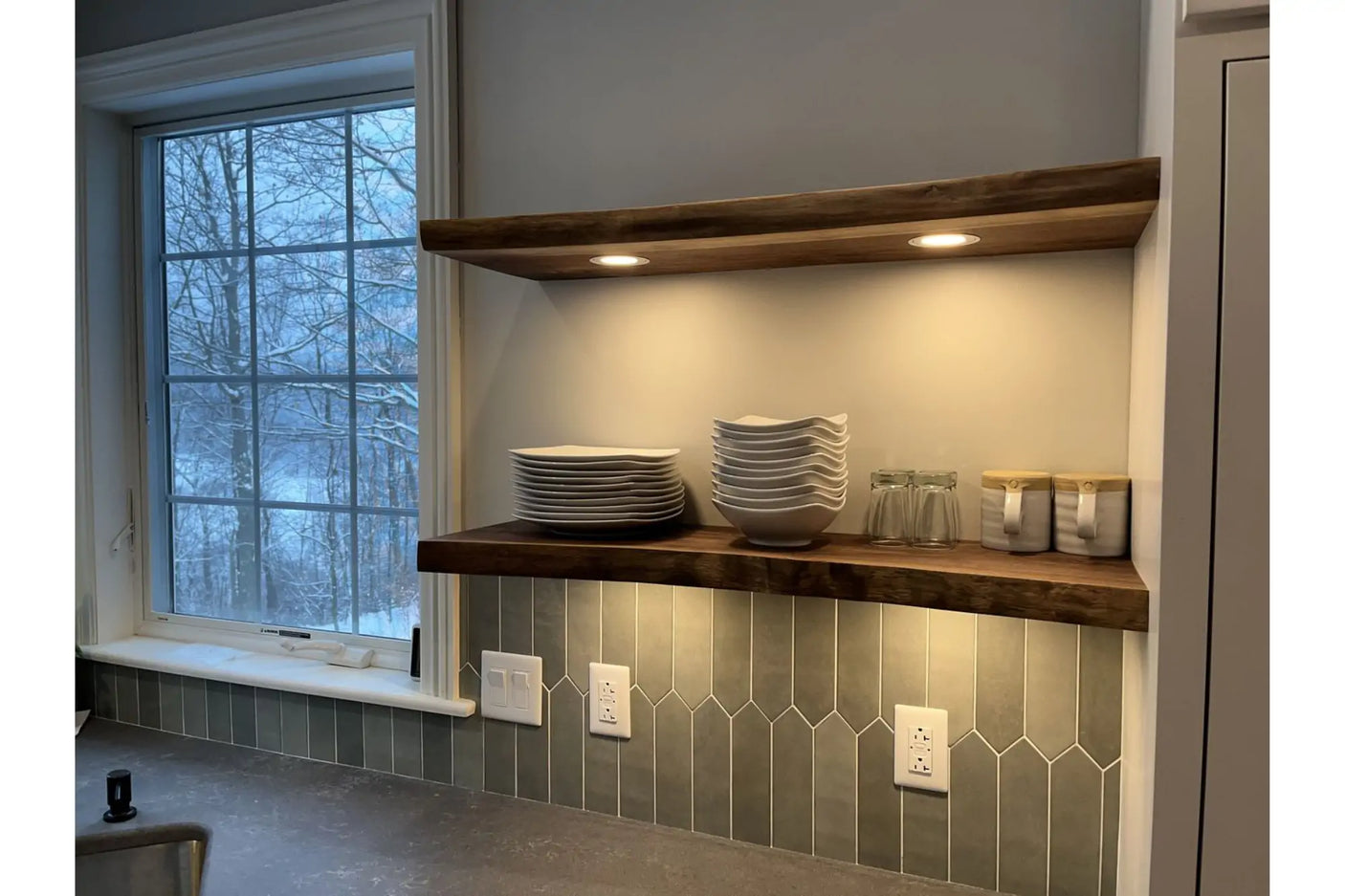 live edge walnut floating shelf with mugs