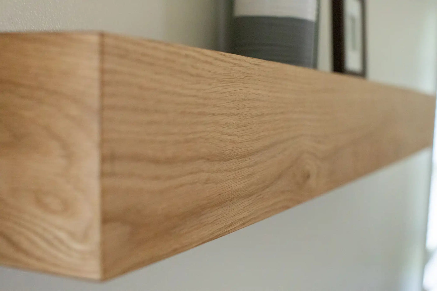 White oak box mantel with decorations