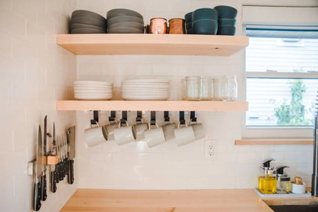 floating shelves above counter