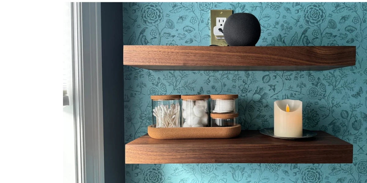 walnut floating shelves with decorations