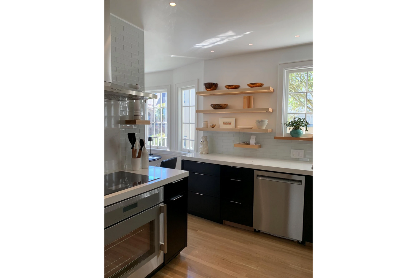 Maple floating shelves in kitchen