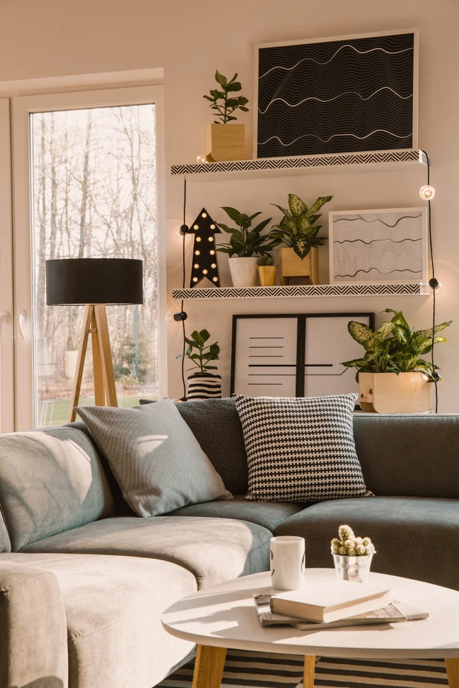 floating shelves above couch