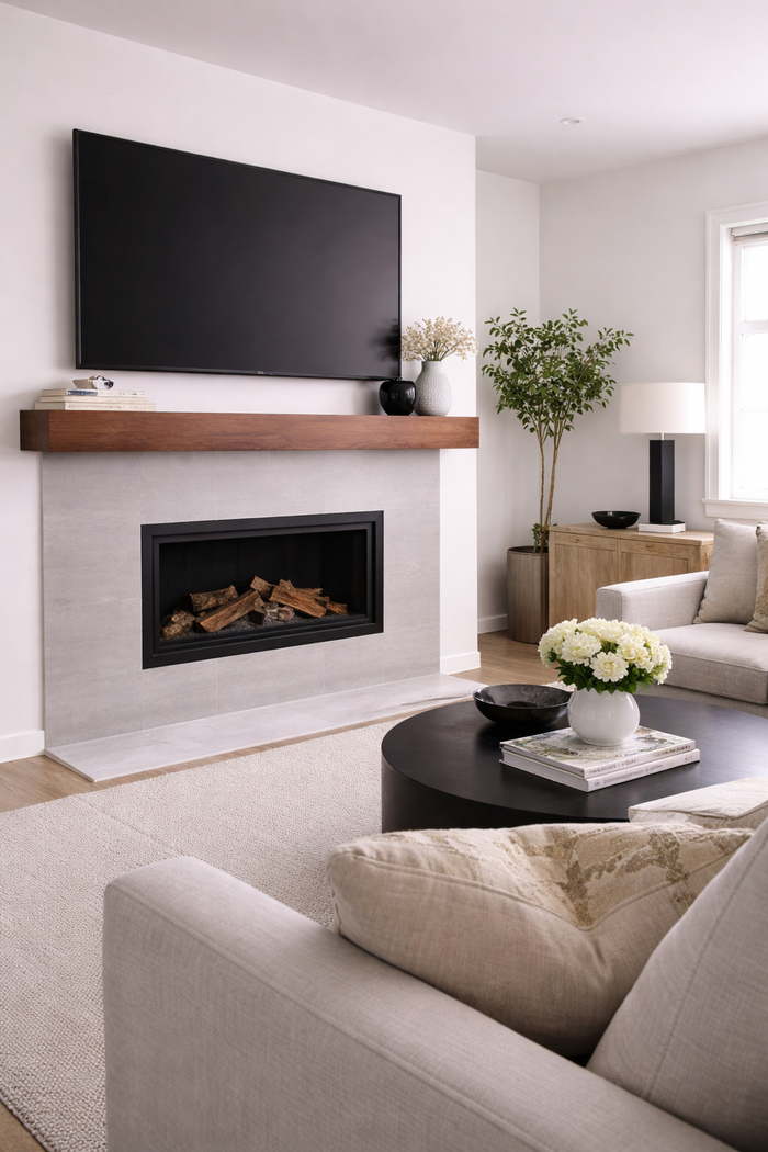 Walnut Mantel below tv