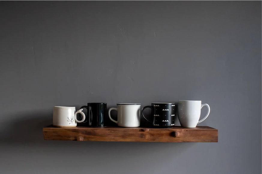 live edge walnut floating shelf with mugs