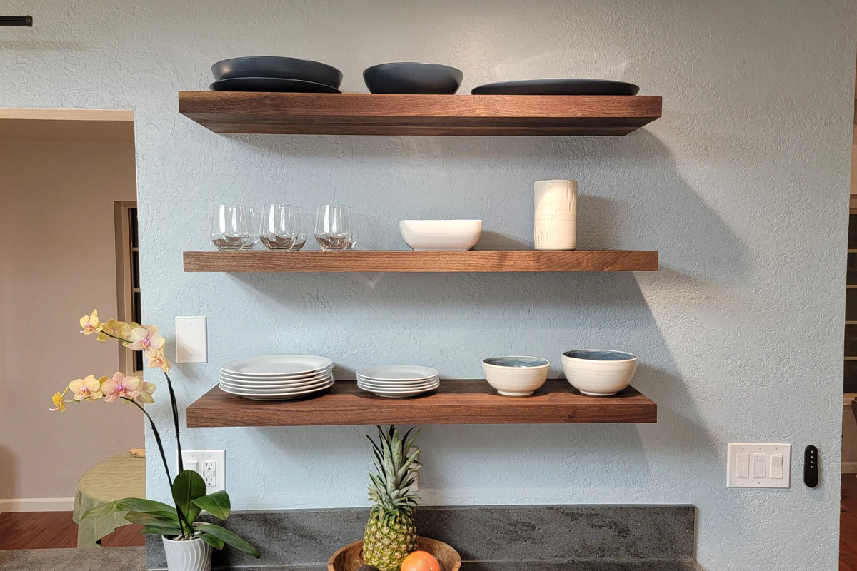 Walnut kitchen shelves