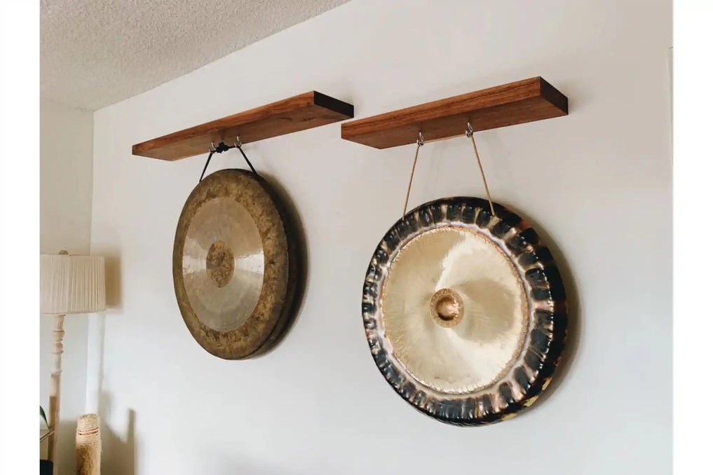 Walnut shelves with gongs
