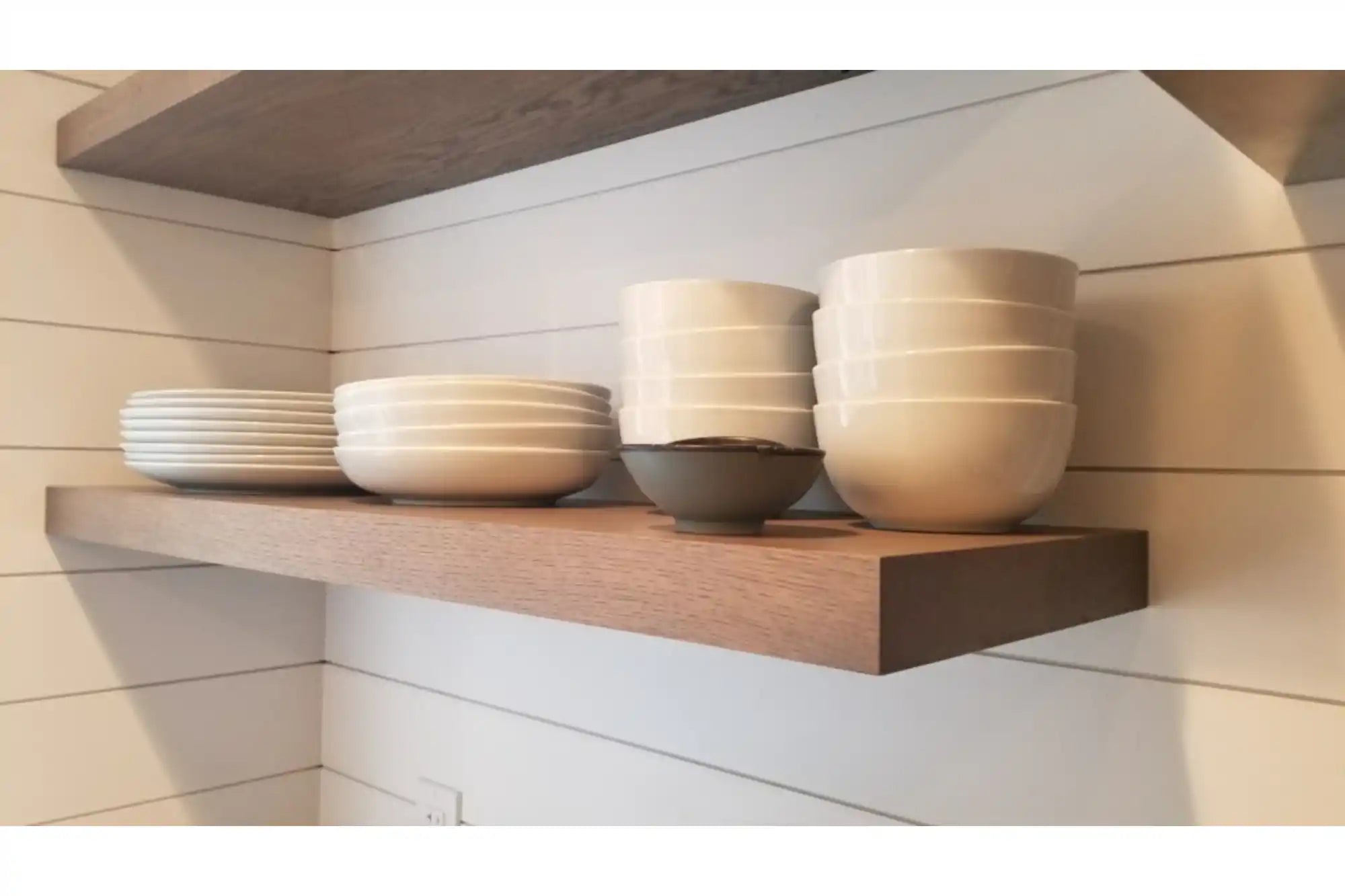 White oak kitchen floating shelves